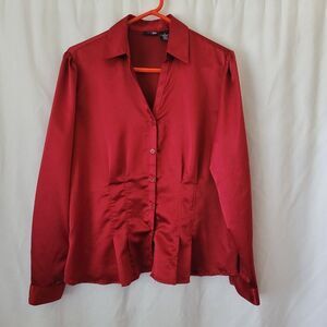 East 5th Blouse Red silky Retro pleats sz 18 Y2K Vtg romantic corporate 90s EUC